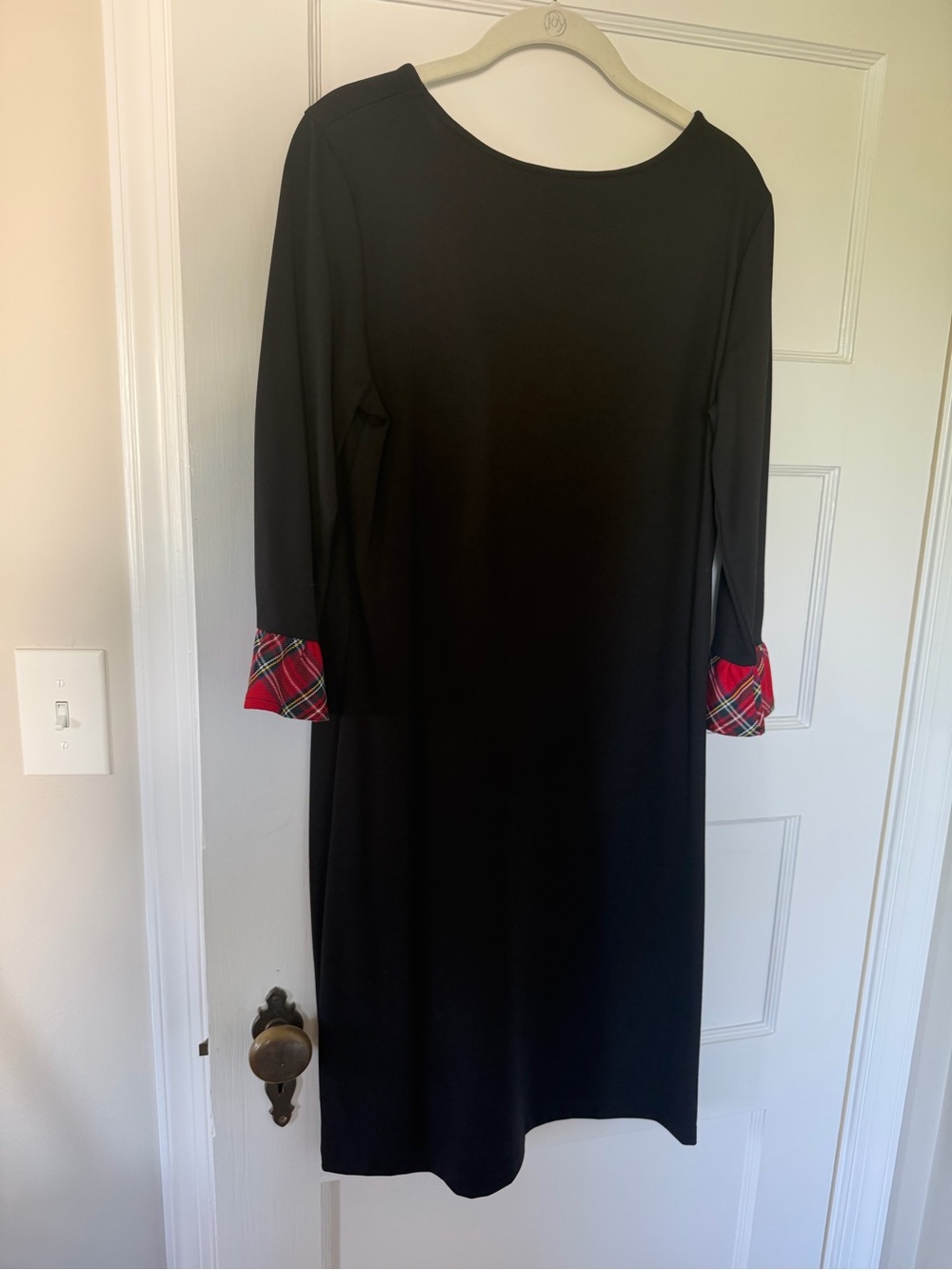Women’s Black Long Sleeve Knit Dress with Red Plaid Cuff